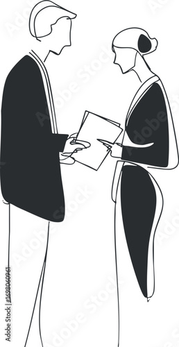 Silhouette of two professionals engaging in a business discussion or negotiation. Black on transparent background.