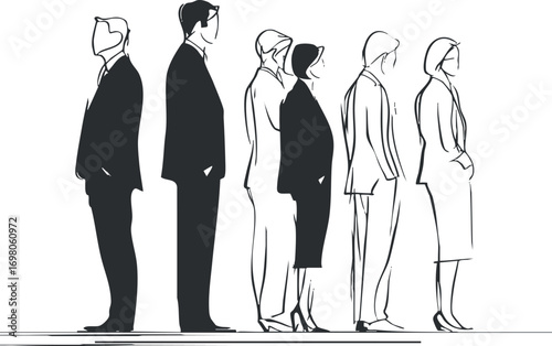 A stylish illustration of a diverse group of business professionals standing in a line. Black on transparent background.