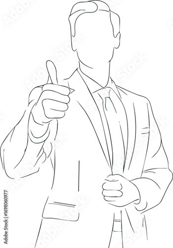 Outline illustration of a confident businessman giving a thumbs up gesture for approval. Black on transparent background.