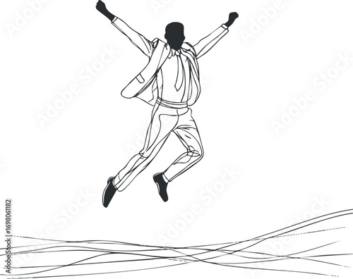 A minimalist line art illustration of a businessman jumping joyfully in celebration. Black on transparent background.