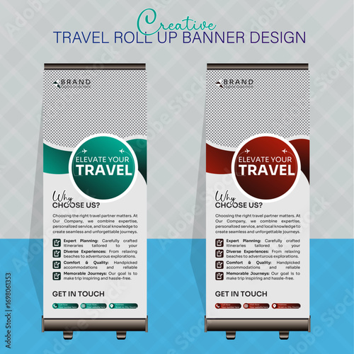 Simple and premium travel roll up banner design template for print and social media which can Increase business and customer attraction.