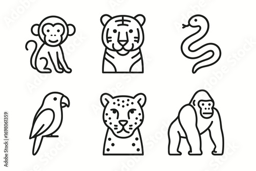 Set of simple line art animals: monkey, tiger, snake, parrot, leopard, gorilla