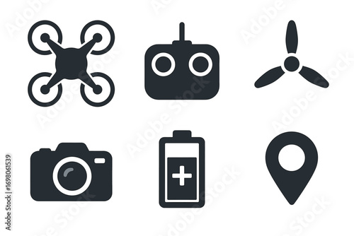 Drone icons set: drone, controller, propeller, camera, battery, location