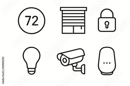 Smart home icons: thermostat, blinds, lock, bulb, security camera, speaker