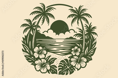 Tropical beach sunset scene engraved vector illustration