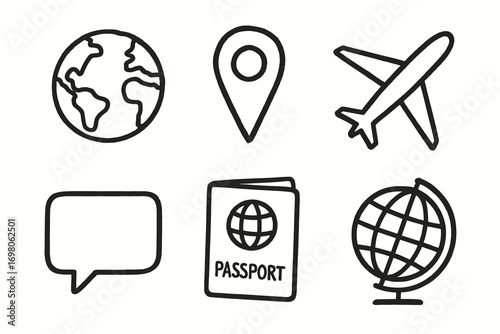 Travel icon set featuring globe, airplane, map pin, passport, speech bubble