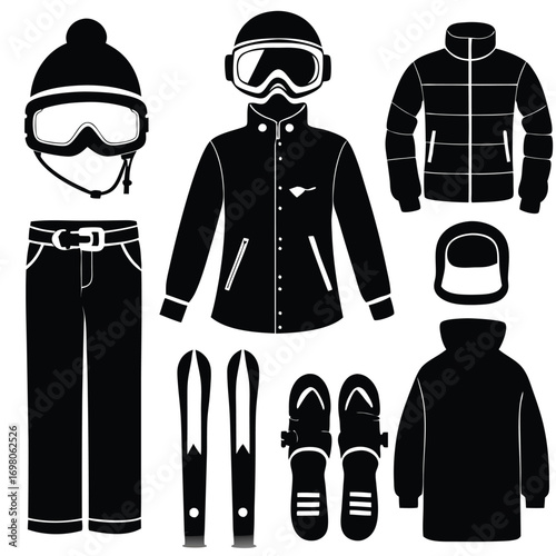 Collection of winter sports equipment including skis, jacket, helmet, and goggles for skiing.