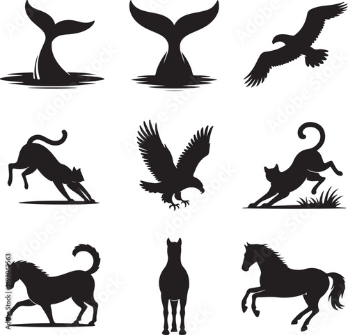 Set of nine black silhouette animal and bird icons on white background eagle whale