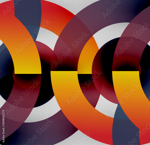 Abstract composition. Overlapping circles create dynamic visual rhythm. Warm, cool colors blend, forming complex patterns. Modern design.