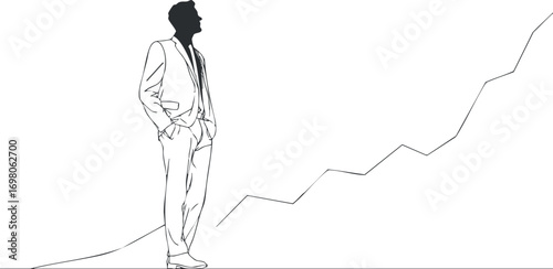 A confident businessman in a suit stands beside an upward trending graph representing growth and success. Black on transparent background.