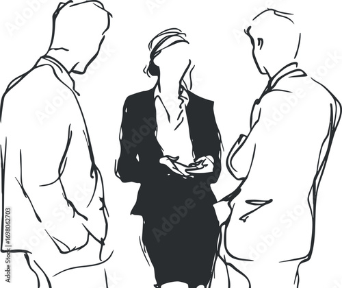 Three business professionals engaged in a discussion, emphasizing teamwork and collaboration in a corporate setting. Black on transparent background.