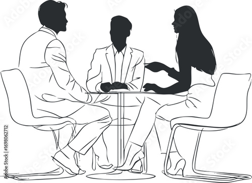 Silhouette of three business professionals engaged in a meeting around a table discussing strategies. Black on transparent background.