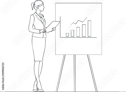 A businesswoman presenting a growth chart during a professional meeting or presentation. Black on transparent background.