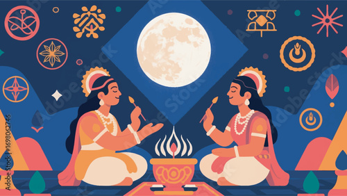 illustration of a traditional Hindu worship atmosphere with a full moon vector design template