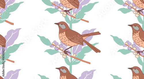 A charming seamless pattern of a hand-drawn brown songbird perched on a flowering pastel branch.