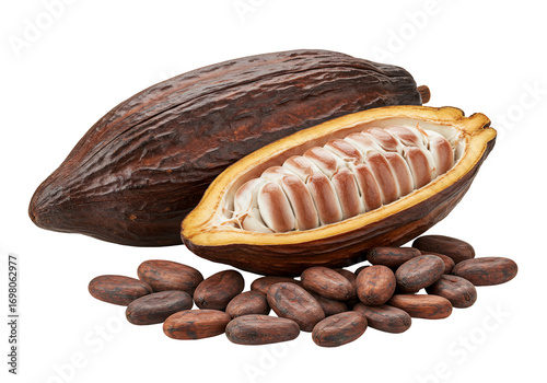 Cocoa beans and pod closeup of cacao fruit and seeds