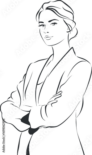 A stylish illustration of a confident businesswoman in a professional pose with a modern touch. Black on transparent background.