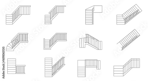 various staircase designs shown in simple line drawings