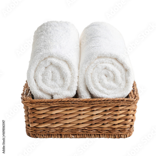 Rolled towels in basket isolated on transparent background