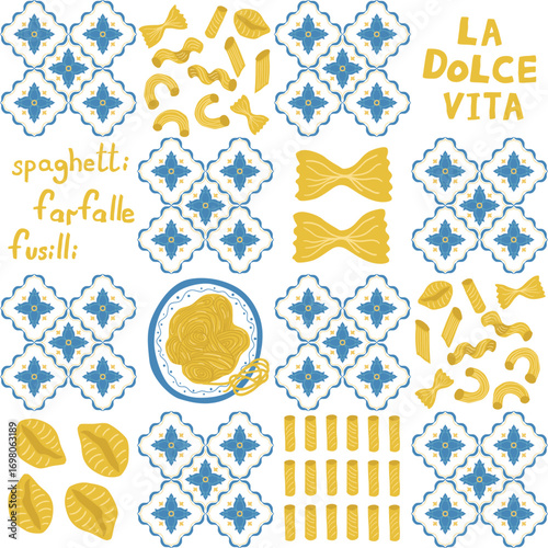 Italian pasta seamless pattern. Hand drawn spaghetti, farfalle, fusilli, la Dolce vita wallpaper. Vector food and Mediterranean ceramic tile background, mosaic print, textile design, wrap paper.