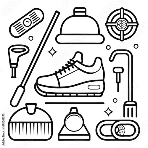Collection of various sports equipment and accessories, including a shoe and brush.
