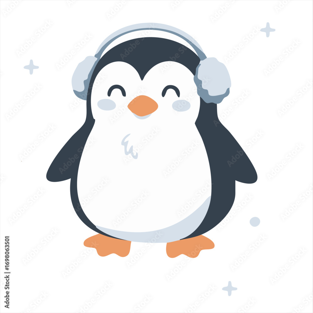 Obraz premium Adorable cartoon penguin in earmuffs, winter holiday character illustration. Flat vector style, perfect for Christmas cards, New Year decorations, kids designs and seasonal projects.