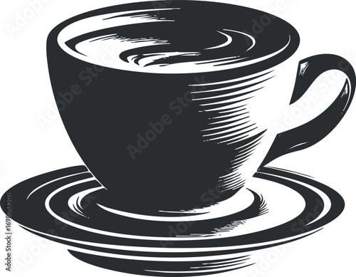 Stylized illustration of a coffee cup on a saucer perfect for beverage-related themes. Black on transparent background.