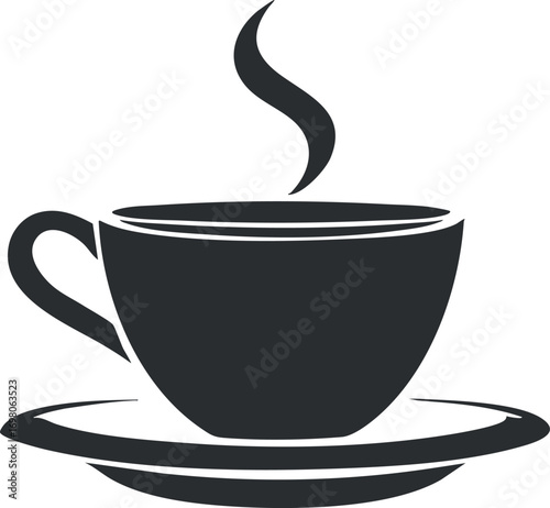 A simple black silhouette of a steaming coffee cup on a saucer. Black on transparent background.