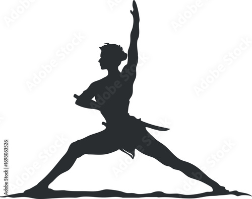 A striking silhouette of a warrior in a dynamic martial arts pose showcasing strength and balance. Black on transparent background.