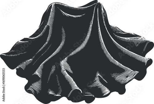 A beautifully draped black fabric showcasing intricate folds and smooth texture for artistic use. Black on transparent background.