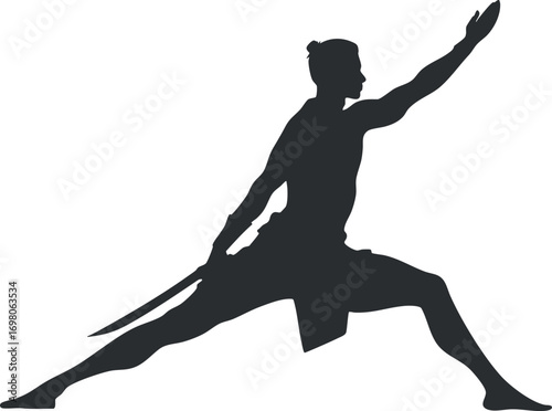 Silhouette of a martial arts warrior in an action pose with a sword. Black on transparent background.