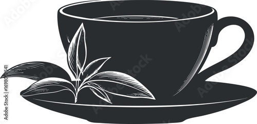 A simple black outline illustration of a cup with tea and a leaf on a saucer. Black on transparent background.