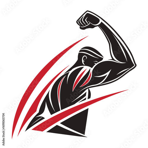 Dynamic muscular arm silhouette logo design for fitness and gym brands representing strength and power