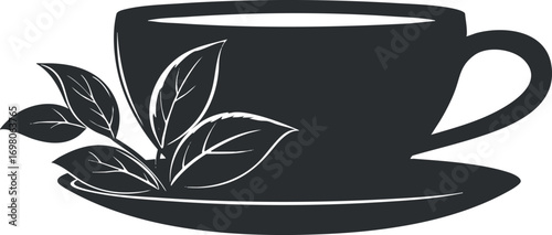 A silhouette of a cup with tea or coffee and leaves on a saucer. Black on transparent background.