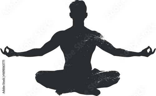Silhouette of a person meditating in a cross-legged position depicting calm and mindfulness Black on transparent background.