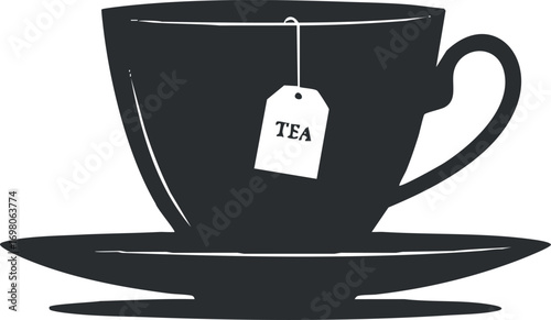 A minimalist illustration of a tea cup with a tea bag tag on a saucer. Black on transparent background.