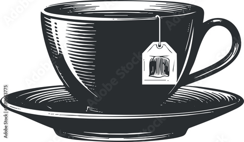 A black and white illustration of a tea cup with a teabag resting on it. Black on transparent background.