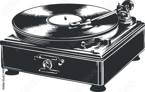 A detailed illustration of a vintage turntable showcasing its classic design and components. Black on transparent background.
