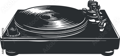 A vintage turntable showcasing a classic design for playing vinyl records and music. Black on transparent background.