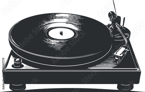A vintage turntable with a vinyl record showcasing classic music technology and design. Black on transparent background.