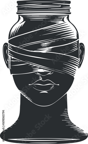 A stylized illustration of a female face with a jar and bandages symbolizing identity and creativity. Black on transparent background.