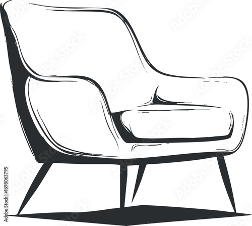 Stylish modern armchair illustration perfect for interior design and home decor projects. Black on transparent background.