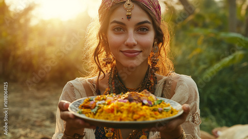 Smiling woman offers a plate of food in warm, inviting sunlight outdoors.