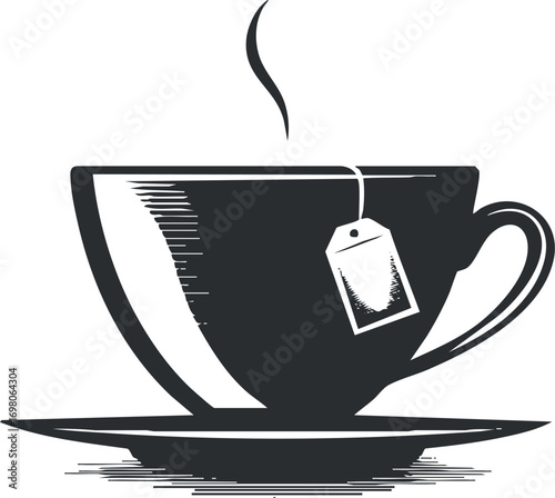 Black and white illustration of a steaming cup of tea with a tag on the side. Black on transparent background.