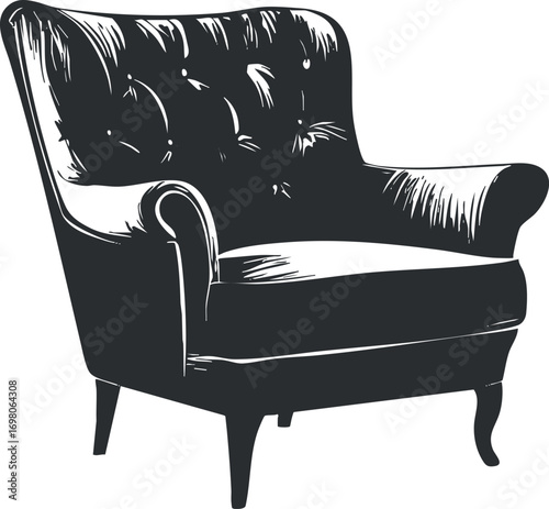 A stylish and elegant upholstered armchair outline suitable for interior design and home decor. Black on transparent background.