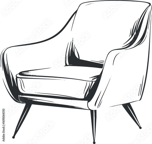 Stylish modern armchair illustration perfect for home decor and interior design inspiration Black on transparent background.