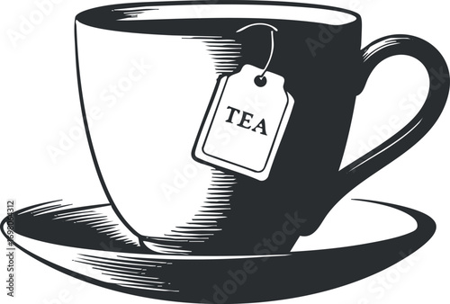 A minimalist illustration of a tea cup with a tea bag tag, ideal for beverage themes. Black on transparent background.
