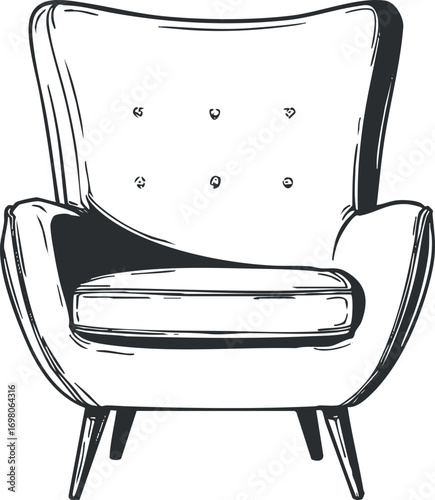 A stylish and modern upholstered chair with a cozy design ideal for home interiors. Black on transparent background.