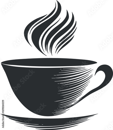 A stylized black cup of hot beverage with steam rising, perfect for coffee lovers. Black on transparent background.