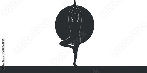 A silhouette of a person practicing yoga in a tree pose against a minimalistic background. Black on transparent background.